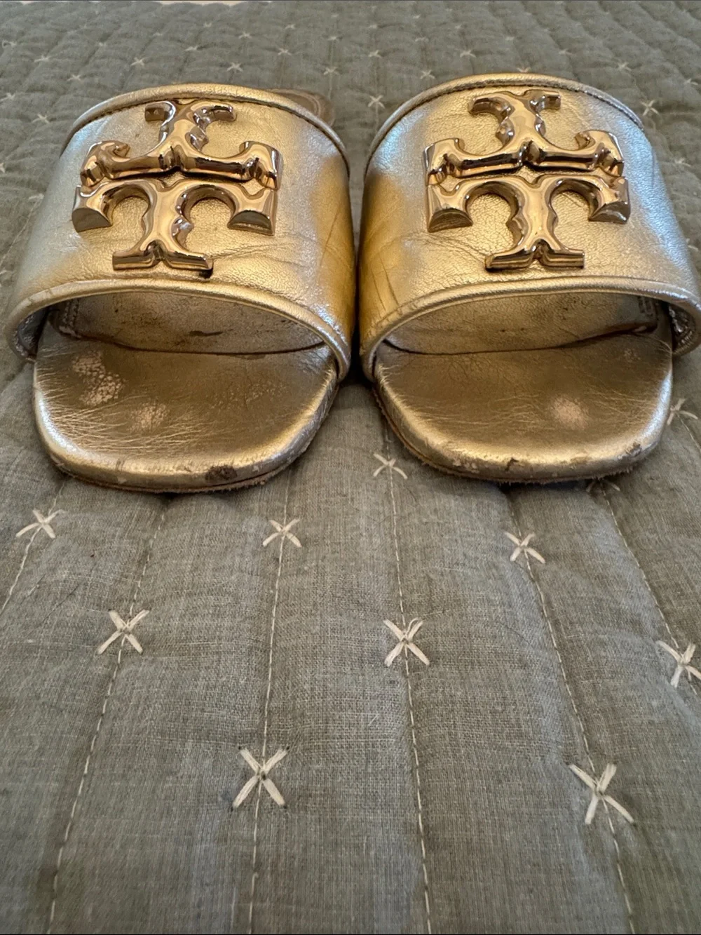 Tory Burch Metallic Gold Logo Slide Sandals